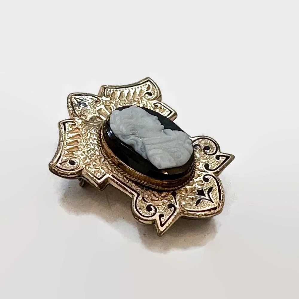 Cameo Brooch, Hardstone, Victorian, Taille d'Epargne, Antique, Gold, Black